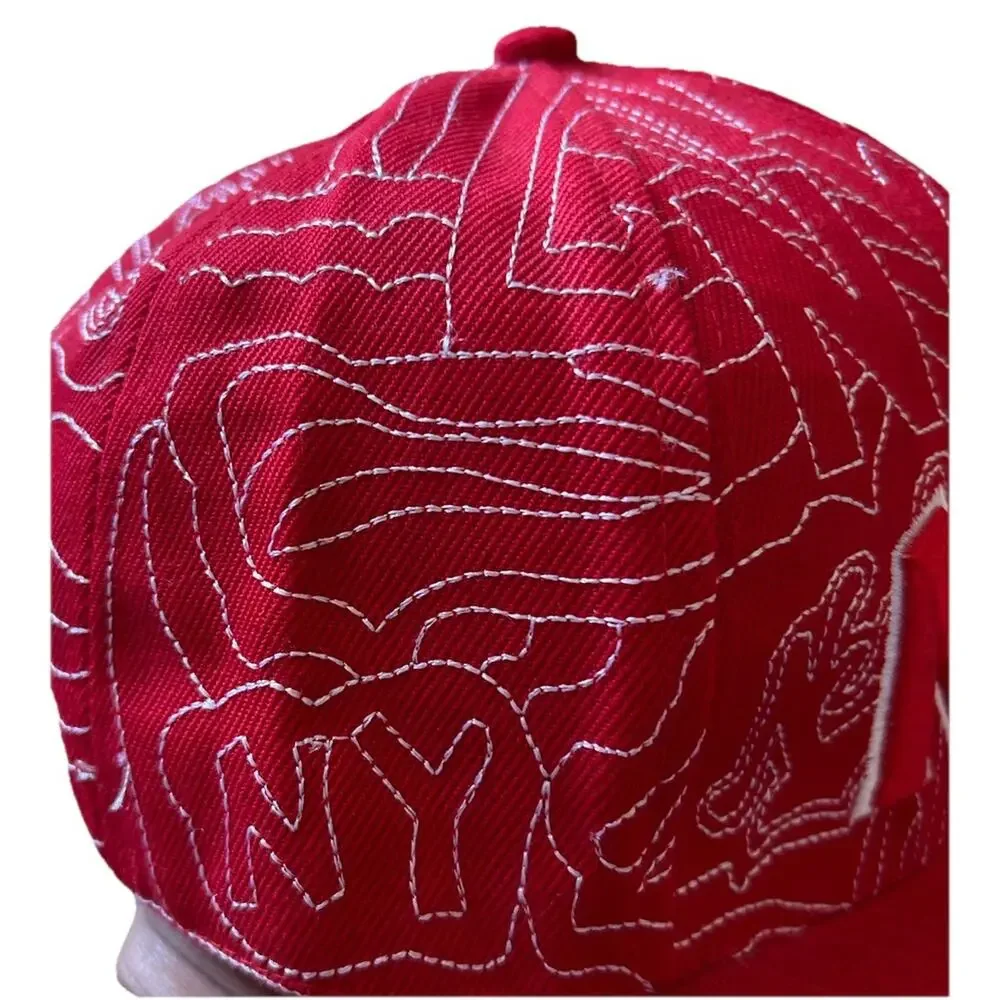 Y2K NY Red Hat White Stick Look Flat Bill New York Artsy 7 1/4 Retro RARE 90s